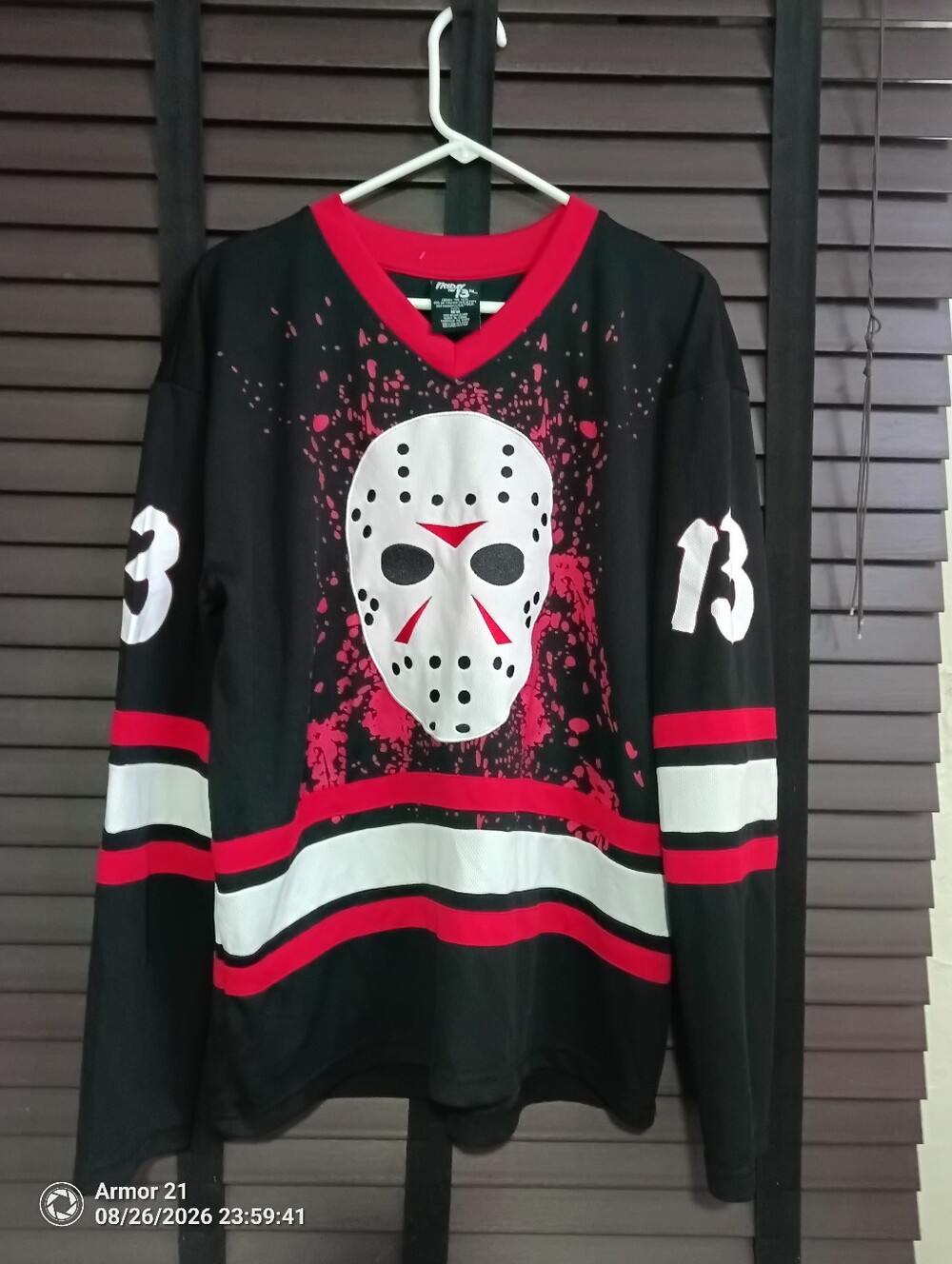 Black & Red Hockey-Style Jersey with Mask Graphic